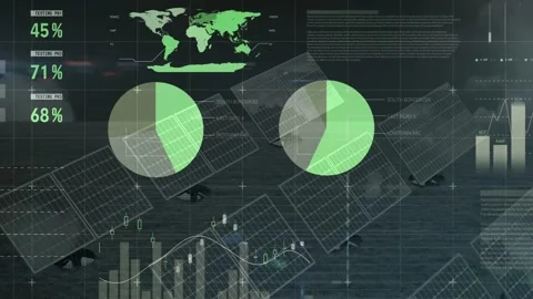 Vertical video: Data updating HUD percents, splitting pies over solar farm, Stock Footage 331833488