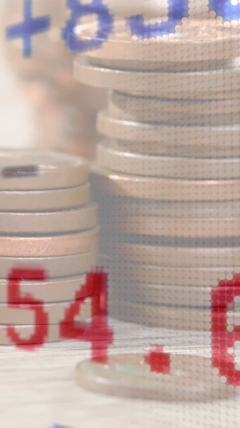 Vertical video: Data updating, numeric overlay cycling numbers over coin stacks, Stock-Footage 335264222