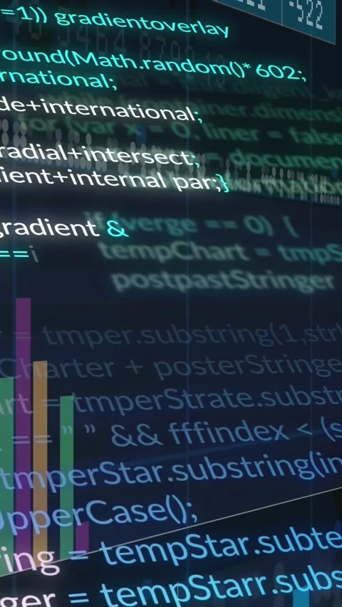 Vertical video: Data visualization zooming in, bars shifting, code scrolling, Stockbeeldmateriaal 329552520