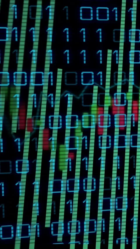 Vertical video: Data viz receiving feed, cyan bits shifting, green bars Stock Footage 329612962