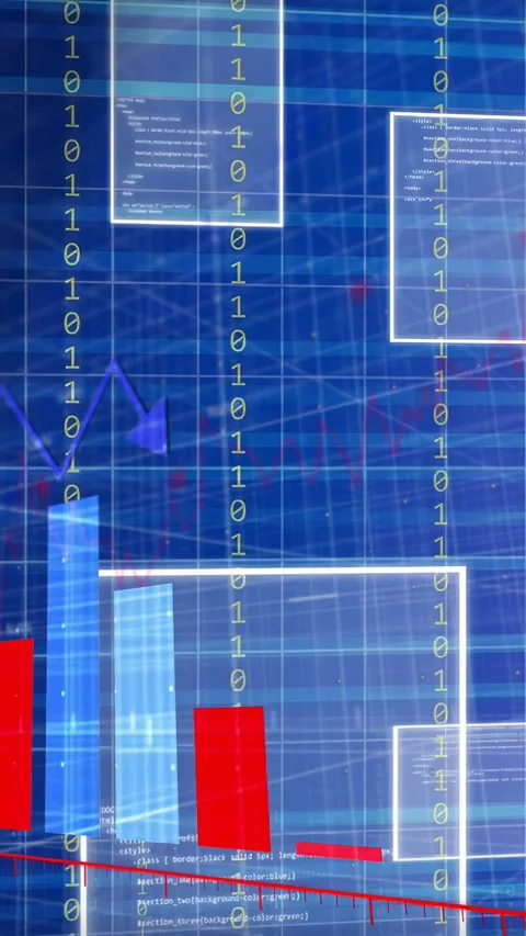 Vertical video: Data viz triggered by red trend line animating bars and binary Stock Footage 335355808