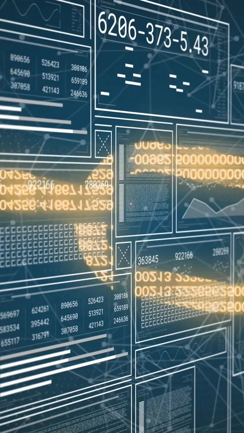 Vertical video: Data wall pulsing as golden ribbon sweeping panels, revealing Stock Footage 330509524