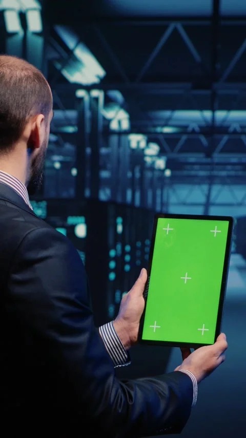Vertical video: Database admin analyzing greenscreen display on tablet Stock Footage 233277015