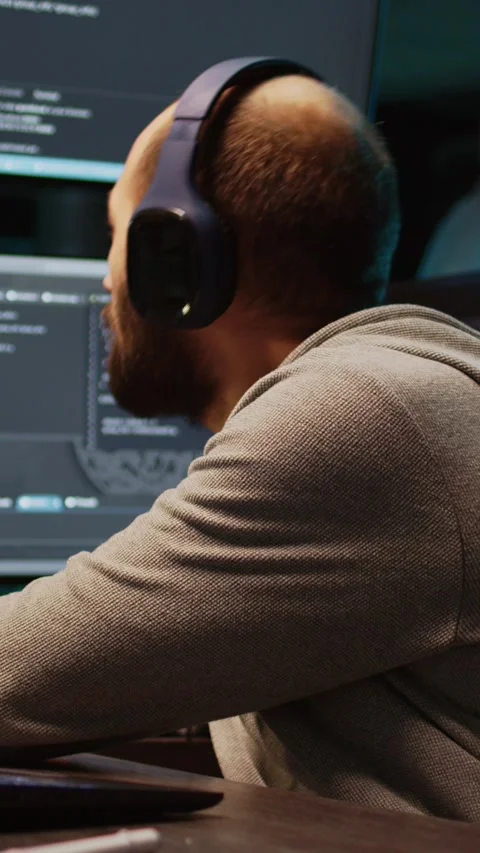 Vertical video: Database admin having fun listening to music on headset Stock Footage 220336232