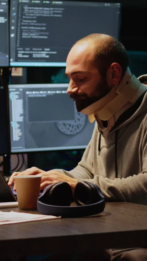 Vertical video: Database admin with neck collar foam working on code developing Stock Footage 220335819