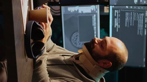 Vertical video: Database admin with neck collar foam working on code developing Stock Footage 221656333