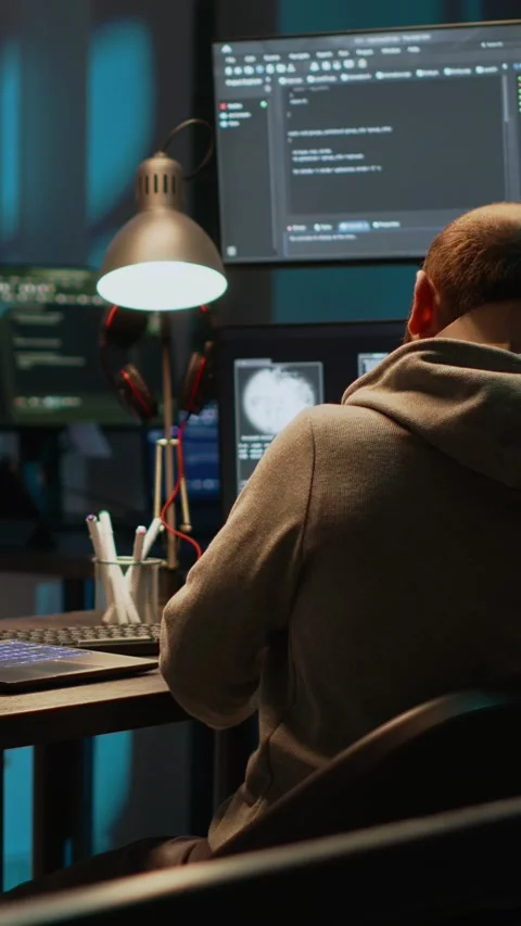 Vertical video: Database admin wearing cervical neck collar at web developing Stock Footage 220332171