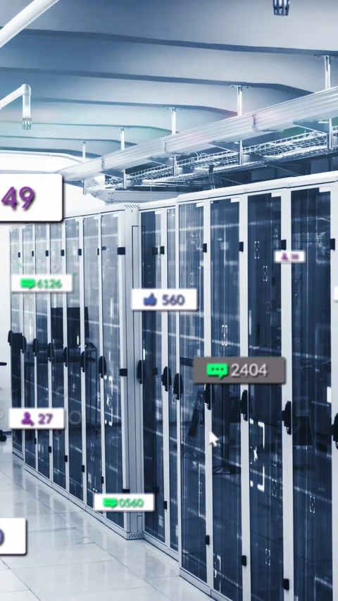 Vertical video: Datacenter racks pulling data, visualizing social badges on Vidéo 332823305