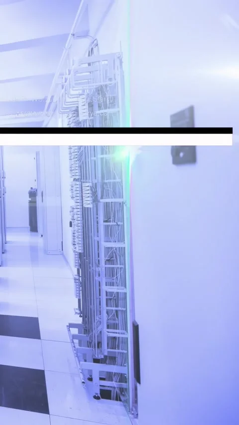 Vertical video: DC rack, sys testing, bars crossing, code flowing, teal pulsing Stock Footage 334317454