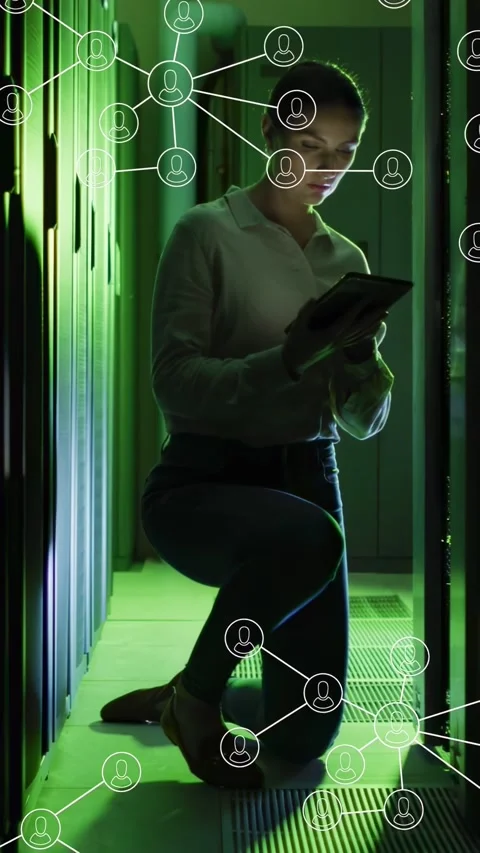 Vertical video: DC tech kneeling by rack swiping tablet checking network as Stock Footage 334377680
