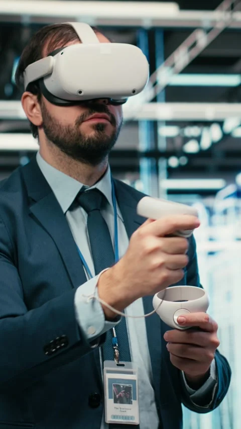 Vertical video Debugging system errors, VR headset and computer scientist in Stock Footage 329451093