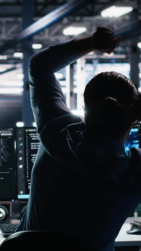 Vertical video Delighted developer celebrating in data center after successfully Stock Footage 313456632