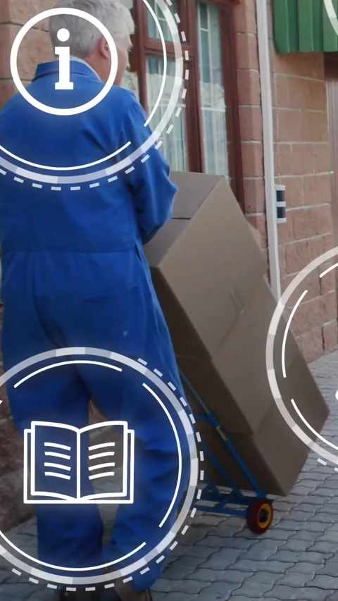 Vertical video: Delivery crew arriving guiding dolly, pushing box for dropoff Stock Footage 334544378