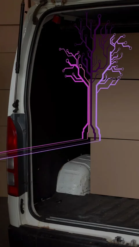 Vertical video: Delivery worker approaching van, lifting box, purple tech-tree Stock Footage 330332546