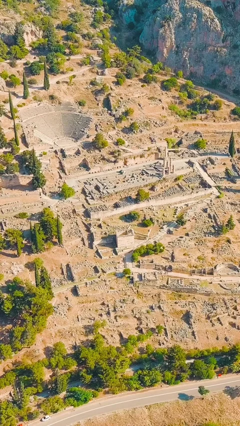 Vertical video. Delphi, Greece. Ruins of the ancient city of Delphi. Sunny Video stock 292613535