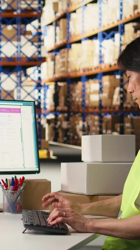 Vertical Video Depot asian worker processing online shopping orders on computer Stock Footage 312578908