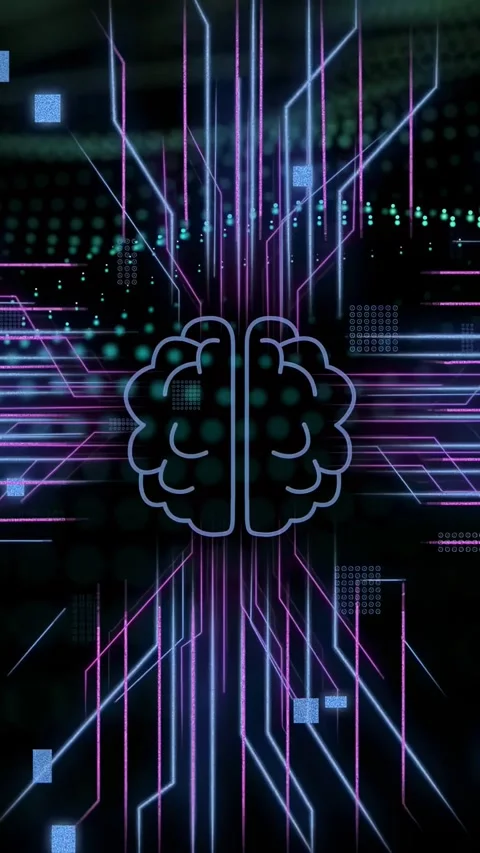 Vertical video: Descending beams starting neon brain pulsing as circuits spread, Stock Footage 335355822