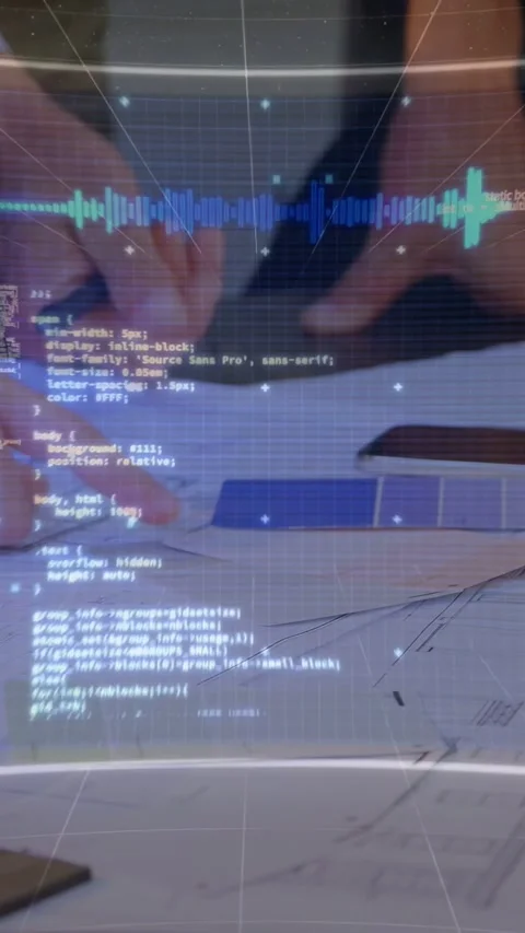 Vertical video: Design team pointing at blue swatch, stylus over plans, HUD Stock Footage 333259812