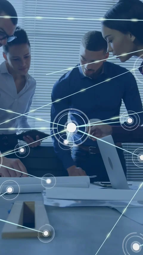 Vertical video: Design team tapping tablet and pointing at plans, node network Video stock 330358778