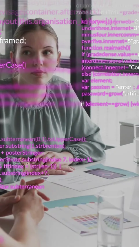 Vertical video: Designer eyeing swatch on tablet as peer cueing code overlay Stock Footage 329840849