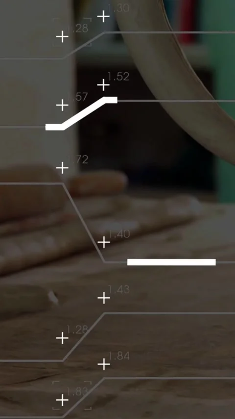 Vertical video: Designer hands picking thin strip on bench, HUD marking layers Stock Footage 334382426