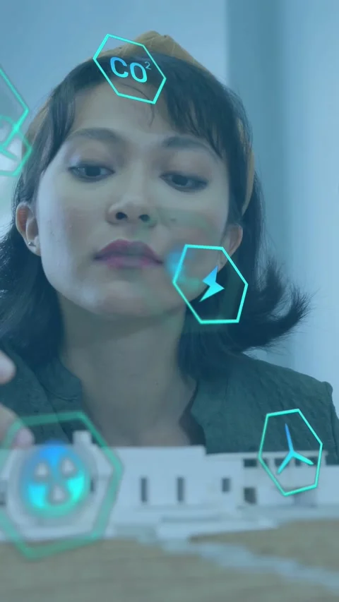 Vertical video: Designer leaning on model moving close causing AR icons Stock Footage 332747708
