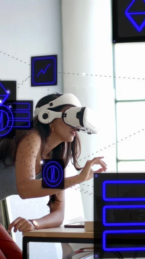 Vertical video: Designer leaning, reaching in VR and editing model via HUD for Stock Footage 333840203