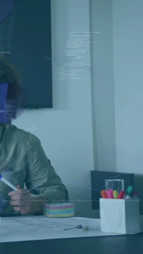 Vertical video: Designer moving marker while code-chart overlays appearing Stock Footage 333260100