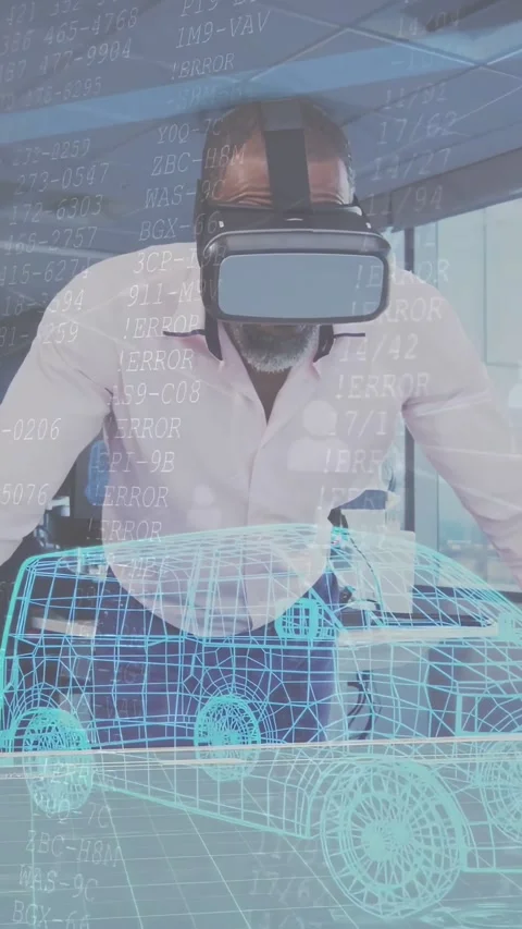 Vertical video: Designer starting simulation with VR, testing wireframe car and Stock Footage 332278073