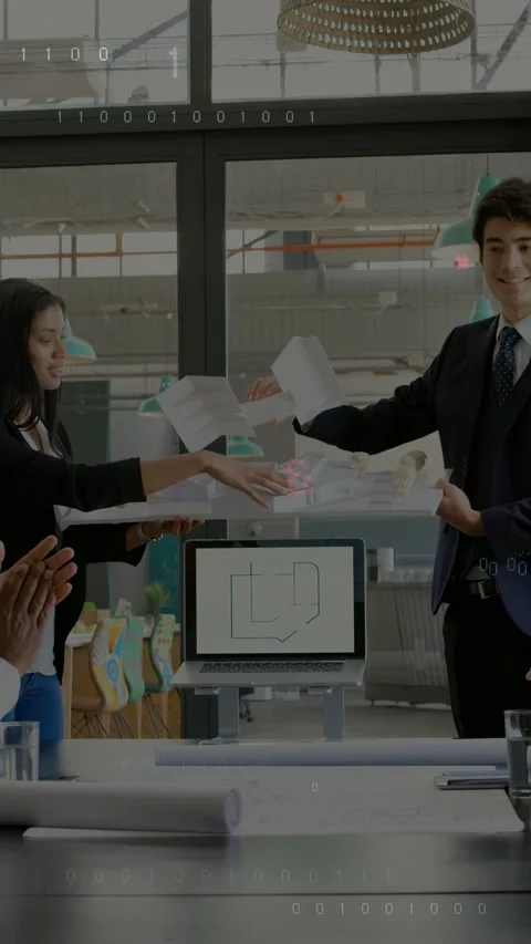 Vertical video: Designers showing model and plans laptop sparking code layering Stock Footage 333236224