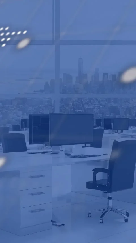 Vertical video: Desk emerging from blue veil as tech code scrolling and dotted Stock Footage 332687313