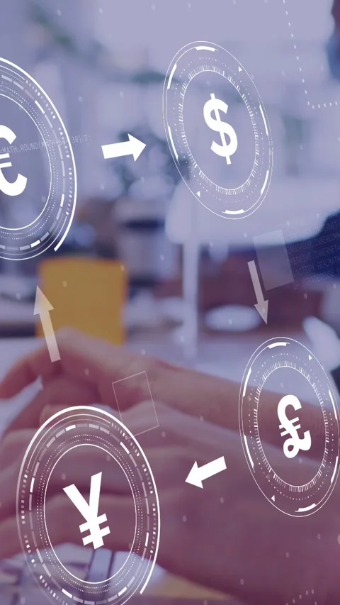 Vertical video: Desk worker hands typing keys updating FX HUD with currency Stock Footage 335355346
