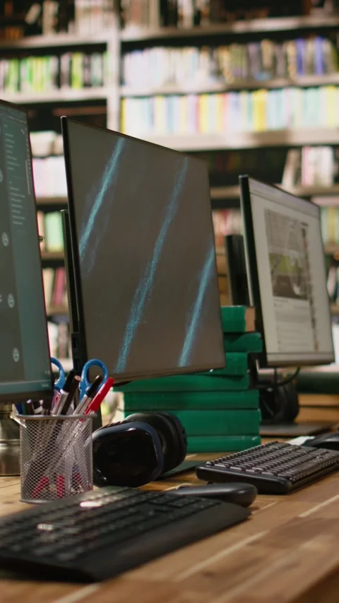 Vertical Video Desktop monitors with blue screen and AI chatbot in library Stock Footage 337528801