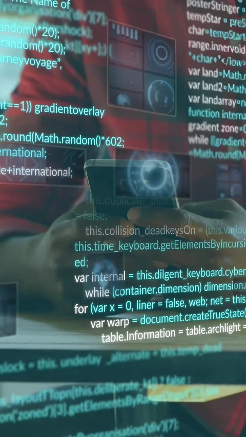 Vertical video: Dev hands holding phone, code appearing raising and scrolling Stock Footage 328686400
