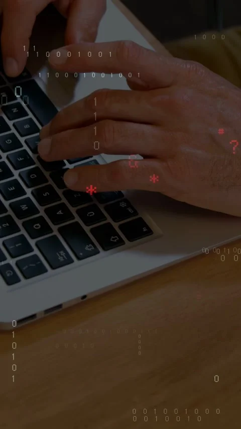 Vertical video: Dev hands moving onto laptop keys and typing, coding overlay Stock Footage 332735316
