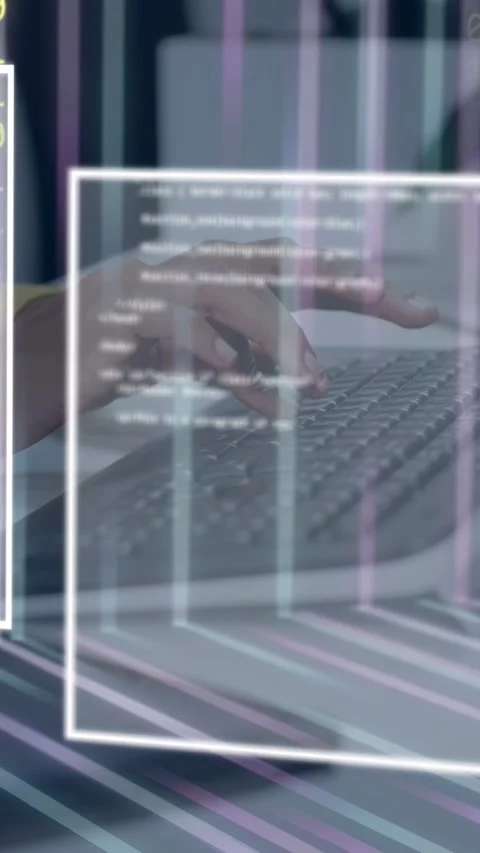 Vertical video: Dev hands pressing keys typing as code windows and binary Stock Footage 335355668