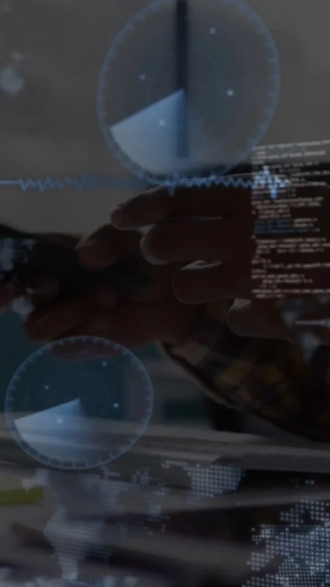 Vertical video: Dev hands tapping phone on desk, causing waveform, radar and Stock Footage 331238548