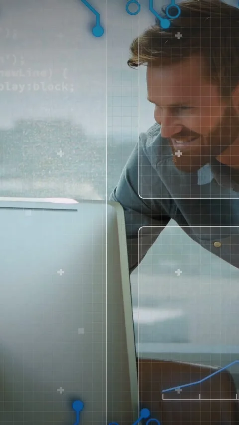 Vertical video: Dev leaning, typing to analyze chart as animated code icons Stock Footage 333304482
