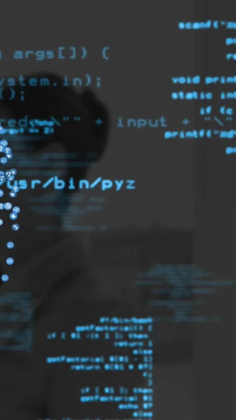 Vertical video: Dev left blue code emerging and sliding across torso, bubbles Stock Footage 329840805