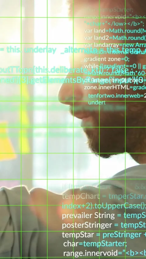 Vertical video: Dev moving notes on glass wall for planning causing code overlay Stock Footage 330509792