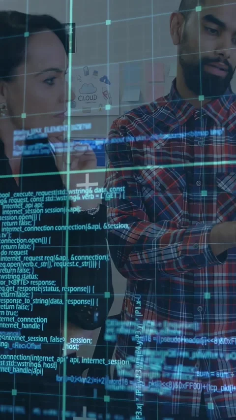 Vertical video: Dev pointing and scrolling AR code overlay, grid marking bugs as Stock Footage 334317963