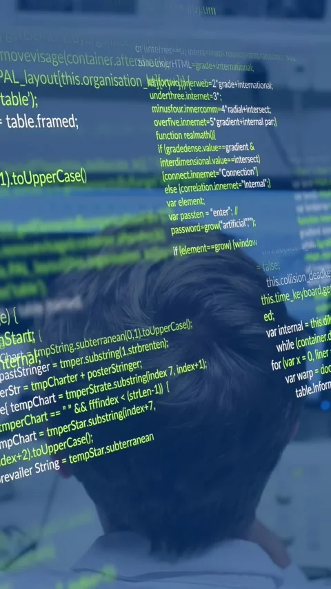 Vertical video: Dev sitting at desk, running code and debugging while code lines Stock Footage 331077519