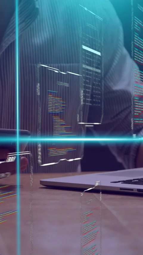 Vertical video: Dev tapping phone, testing holographic UI, moving panels and Stock Footage 335507633
