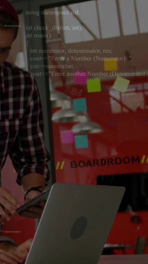 Vertical video: Dev tapping tablet and switching to laptop in BOARDROOM tech Stock Footage 331215485