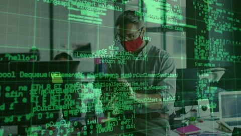 Vertical video: Dev tapping tablet causing green code veil hiding then showing Stock Footage 333965686