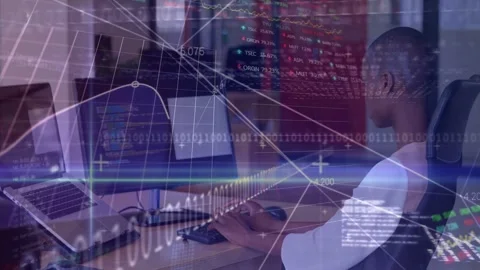 Vertical video: Dev typing and mousing at desk, animating code, charts, binary Stock Footage 332981760