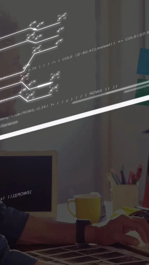 Vertical video: Dev typing, diagrams appearing and code ribbons gliding across Stock Footage 333109567
