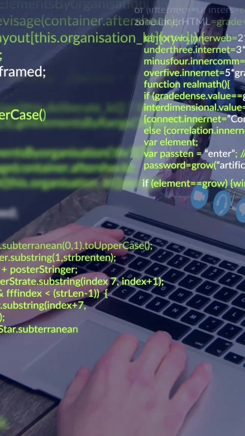 Vertical video: Dev typing as host in tech call, causing growing code overlay on Stock Footage 331738728