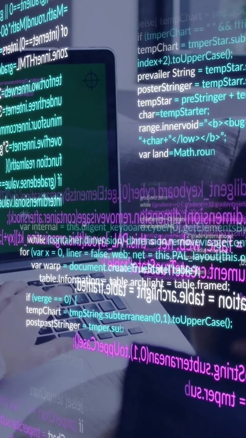 Vertical video: Dev typing laptop starting code overlays scrolling right, Stock Footage 333836120