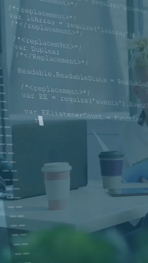 Vertical video: Dev typing on laptop starting code overlay covering table while Stock Footage 334544817
